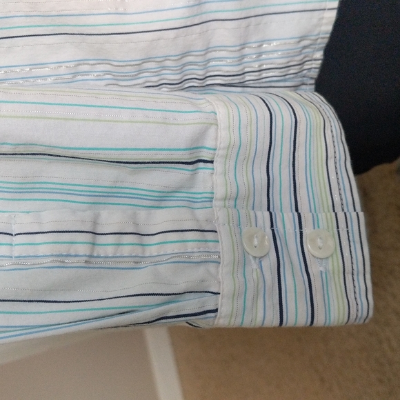 George Women's White/Blue Pin-striped, Button-down Blouse - Picture 4 of 5